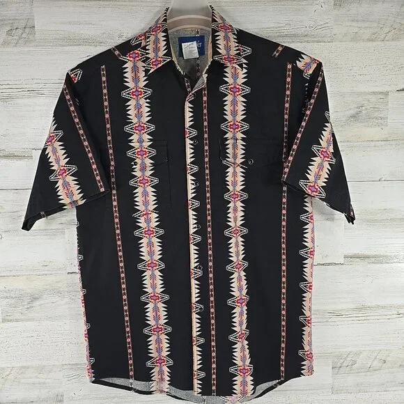 VINTAGE Wrangler Aztec Western Brushpopper Black Pearl Snap Shirt MEN'S MEDIUM.. - Picture 2 of 16
